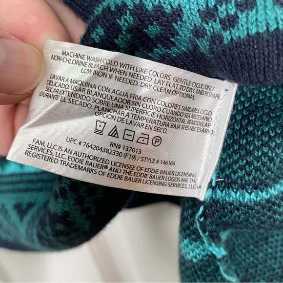 Eddie Bauer Fair Isle Half Zip Sweater Green & Blue Mock Turtleneck Medium - Picture 7 of 10